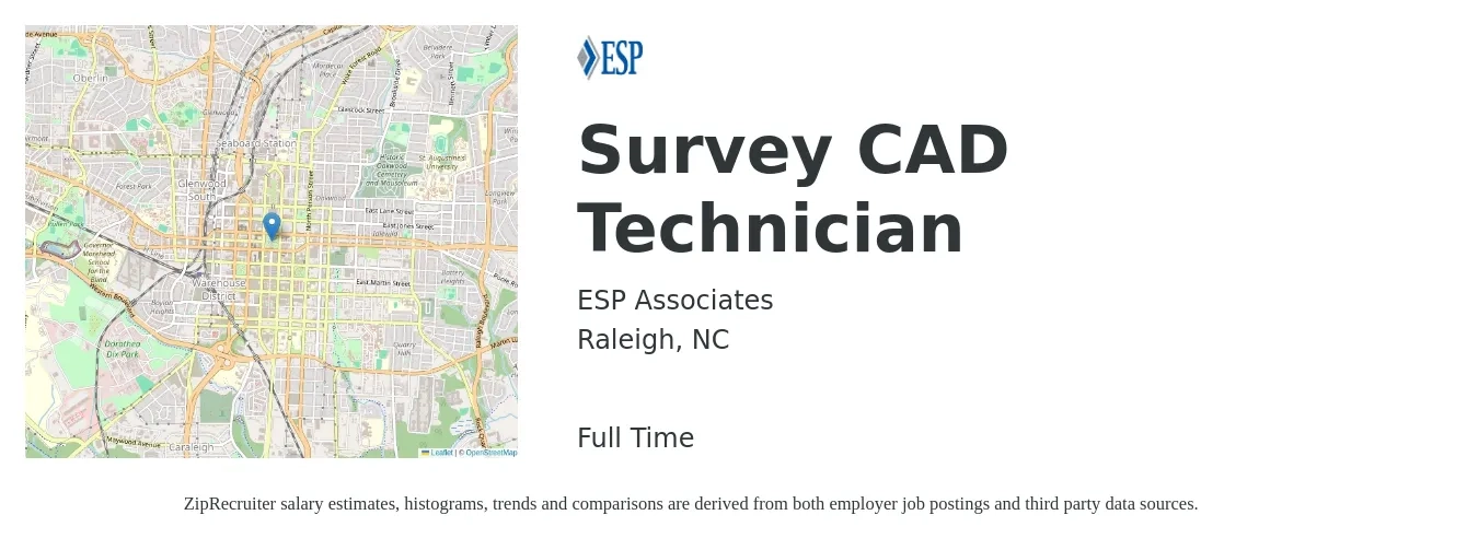 ESP Associates job posting for a Survey CAD Technician in Raleigh, NC with a salary of $20 to $28 Hourly with a map of Raleigh location.