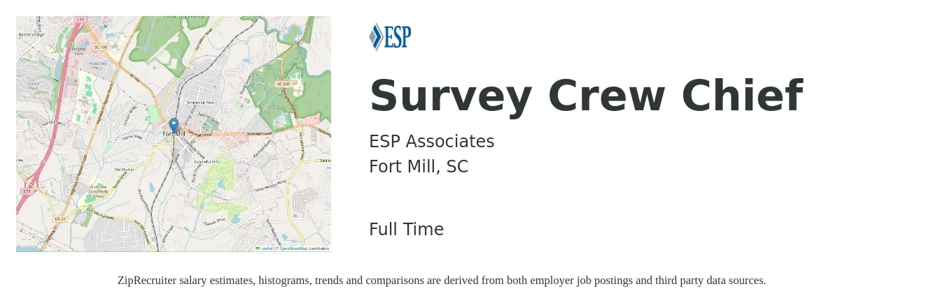 ESP Associates job posting for a Survey Crew Chief in Fort Mill, SC with a salary of $22 to $33 Hourly with a map of Fort Mill location.