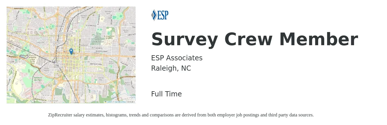 ESP Associates job posting for a Survey Crew Member in Raleigh, NC with a salary of $14 to $19 Hourly with a map of Raleigh location.