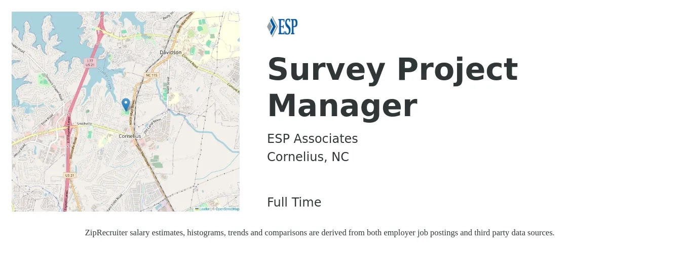 ESP Associates job posting for a Survey Project Manager in Cornelius, NC with a salary of $80,500 to $111,500 Yearly with a map of Cornelius location.