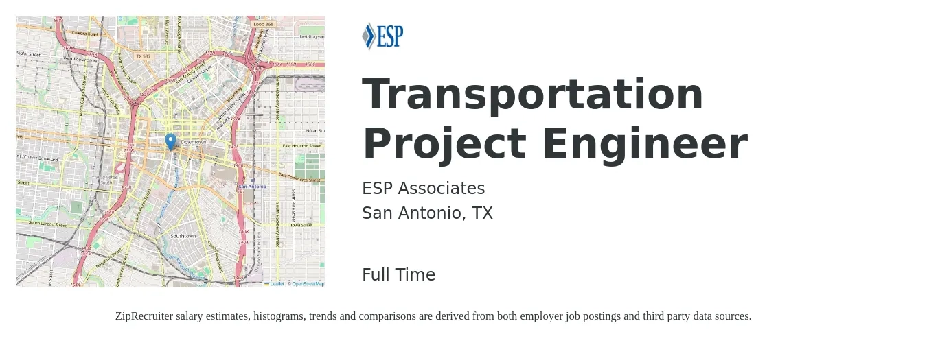 ESP Associates job posting for a Transportation Project Engineer in San Antonio, TX with a salary of $68,600 to $90,700 Yearly with a map of San Antonio location.