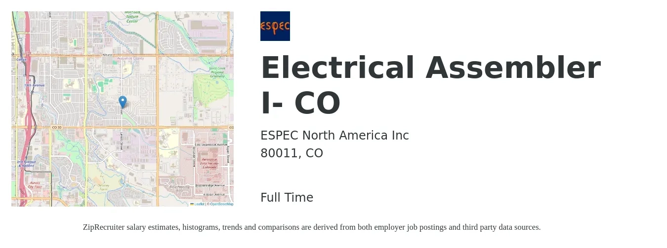 ESPEC North America Inc job posting for a Electrical Assembler I- CO in 80011, CO with a salary of $18 to $22 Hourly with a map of 80011 location.