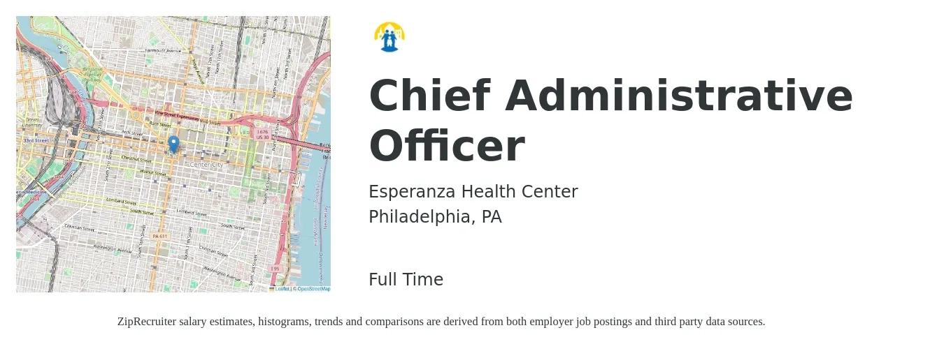 Esperanza Health Center job posting for a Chief Administrative Officer in Philadelphia, PA with a salary of $103,400 to $172,000 Yearly with a map of Philadelphia location.