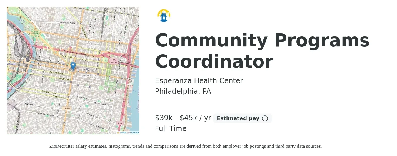 Esperanza Health Center job posting for a Community Programs Coordinator in Philadelphia, PA with a salary of $39,149 to $45,021 Yearly with a map of Philadelphia location.