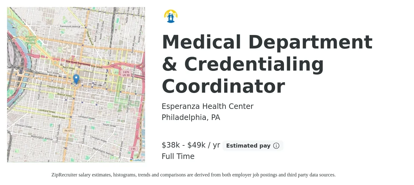 Esperanza Health Center job posting for a Medical Department & Credentialing Coordinator in Philadelphia, PA with a salary of $38,000 to $49,400 Yearly with a map of Philadelphia location.