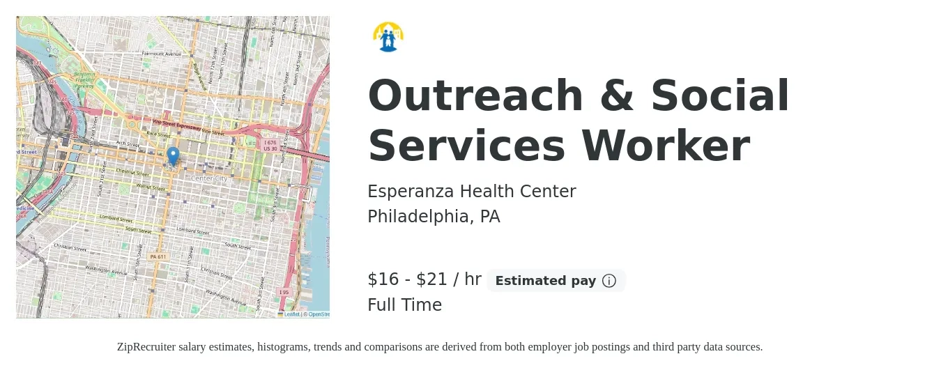 Esperanza Health Center job posting for a Outreach & Social Services Worker in Philadelphia, PA with a salary of $17 to $22 Hourly with a map of Philadelphia location.