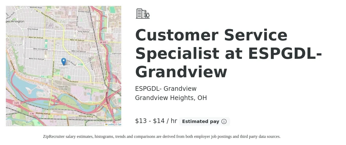 ESPGDL- Grandview job posting for a Customer Service Specialist at ESPGDL- Grandview in Grandview Heights, OH with a salary of $14 to $15 Hourly with a map of Grandview Heights location.
