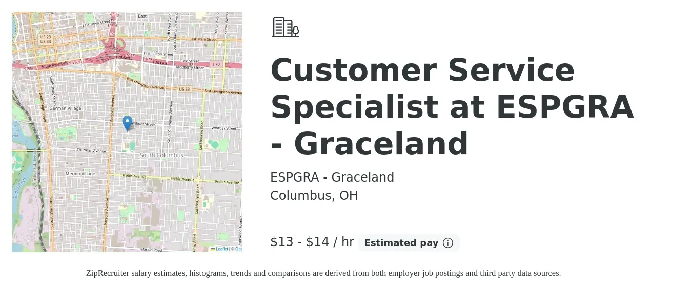 ESPGRA - Graceland job posting for a Customer Service Specialist at ESPGRA - Graceland in Columbus, OH with a salary of $14 to $15 Hourly with a map of Columbus location.
