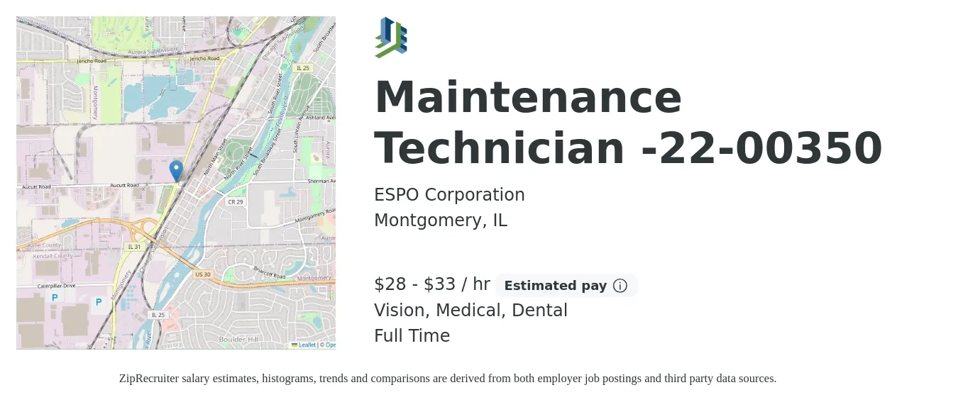 ESPO Corporation job posting for a Maintenance Technician 22-00350 in Montgomery, IL with a salary of $30 to $35 Hourly and benefits including dental, life_insurance, medical, pto, retirement, and vision with a map of Montgomery location.