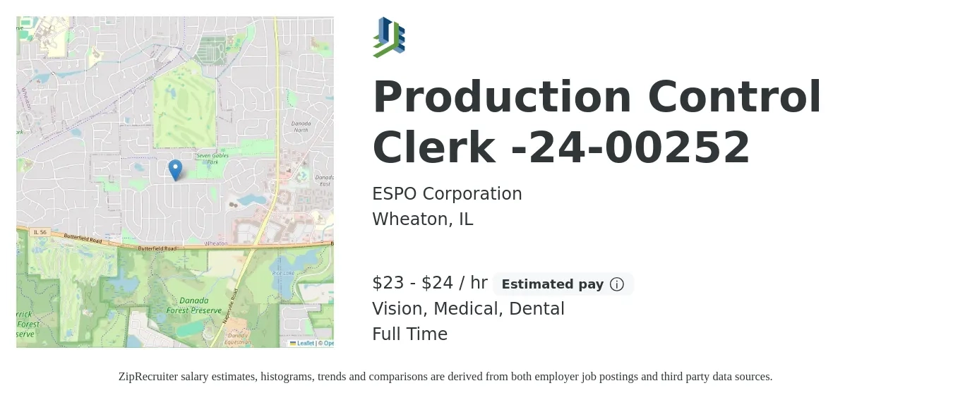 ESPO Corporation job posting for a Production Control Clerk -24-00252 in Wheaton, IL with a salary of $24 to $25 Hourly and benefits including retirement, vision, dental, life_insurance, medical, and pto with a map of Wheaton location.