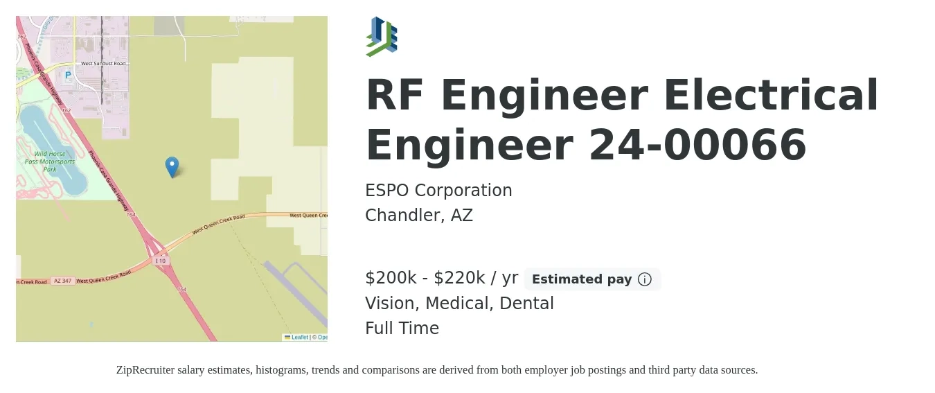 ESPO Corporation job posting for a RF Engineer Electrical Engineer 24-00066 in Chandler, AZ with a salary of $200,000 to $220,000 Yearly and benefits including dental, life_insurance, medical, retirement, and vision with a map of Chandler location.