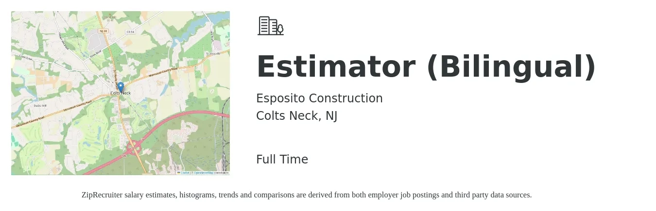 Esposito Construction job posting for a Estimator (Bilingual) in Colts Neck, NJ with a salary of $62,500 to $99,800 Yearly with a map of Colts Neck location.