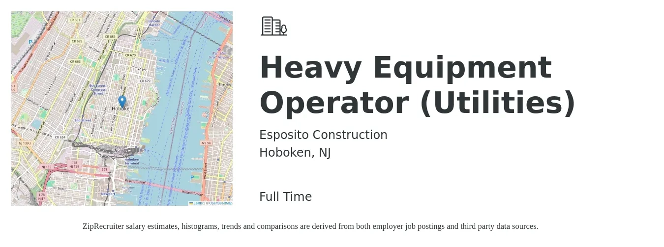 Esposito Construction job posting for a Heavy Equipment Operator (Utilities) in Hoboken, NJ with a salary of $22 to $31 Hourly with a map of Hoboken location.