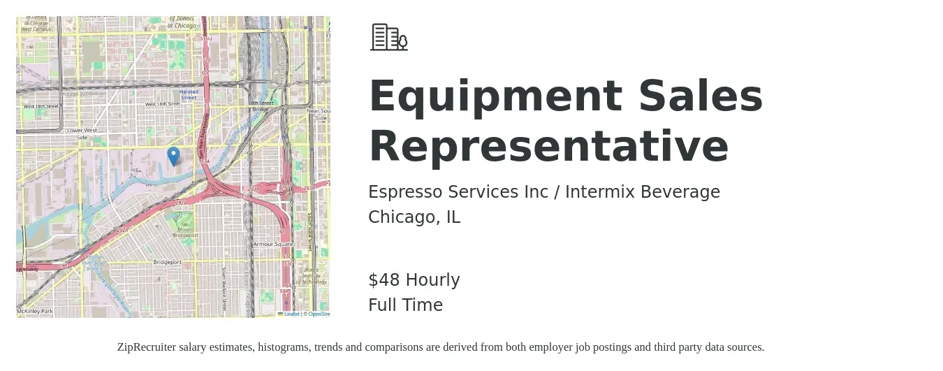 Espresso Services Inc / Intermix Beverage job posting for a Equipment Sales Representative in Chicago, IL with a salary of $50 Hourly with a map of Chicago location.