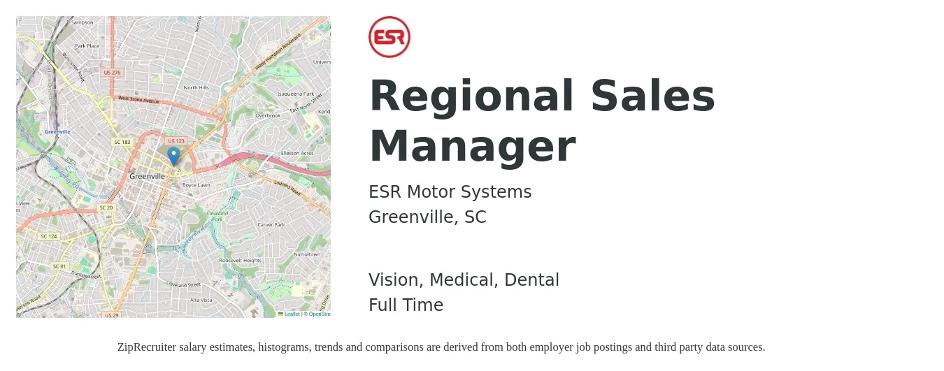 ESR Motor Systems job posting for a Regional Sales Manager in Greenville, SC with a salary of $67,700 to $105,800 Yearly and benefits including dental, life_insurance, medical, retirement, and vision with a map of Greenville location.