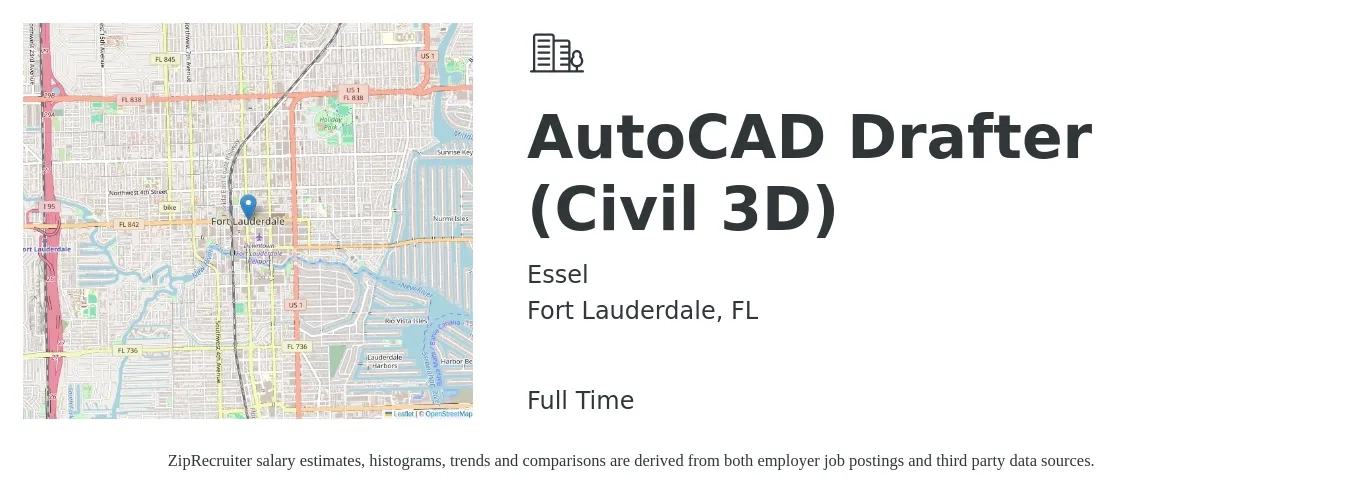 Essel job posting for a AutoCAD Drafter (Civil 3D) in Fort Lauderdale, FL with a salary of $21 to $27 Hourly with a map of Fort Lauderdale location.