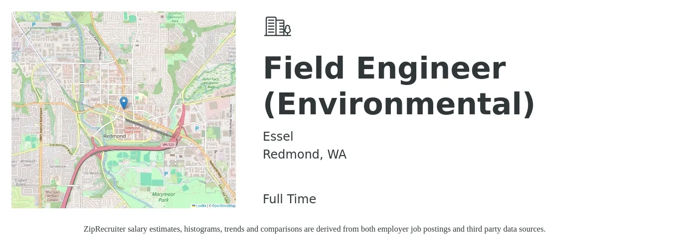 Essel job posting for a Field Engineer (Environmental) in Redmond, WA with a salary of $28 to $48 Hourly with a map of Redmond location.