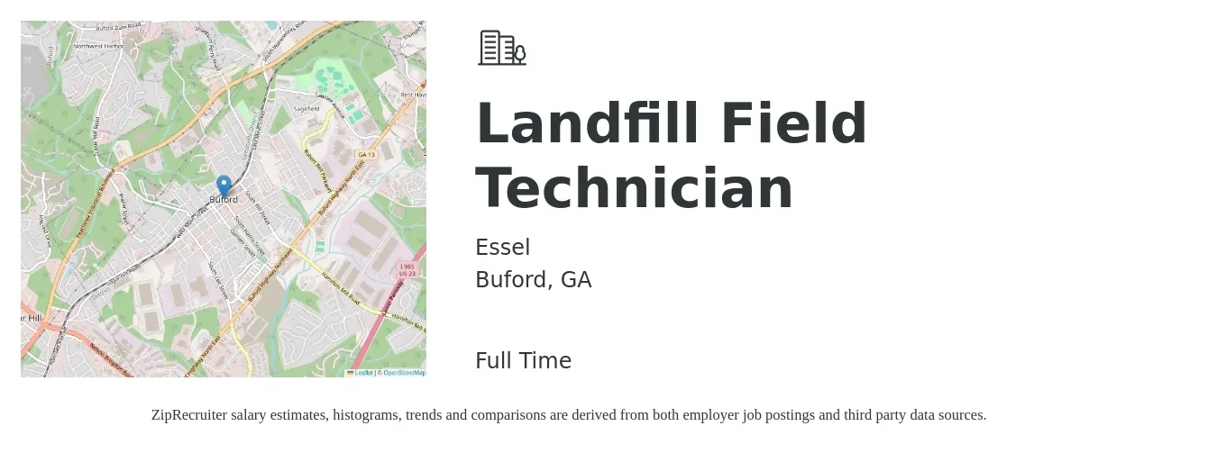 Essel job posting for a Landfill Field Technician in Buford, GA with a salary of $20 to $25 Hourly with a map of Buford location.