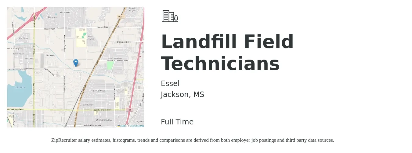 Essel job posting for a Landfill Field Technicians in Jackson, MS with a salary of $17 to $24 Hourly with a map of Jackson location.