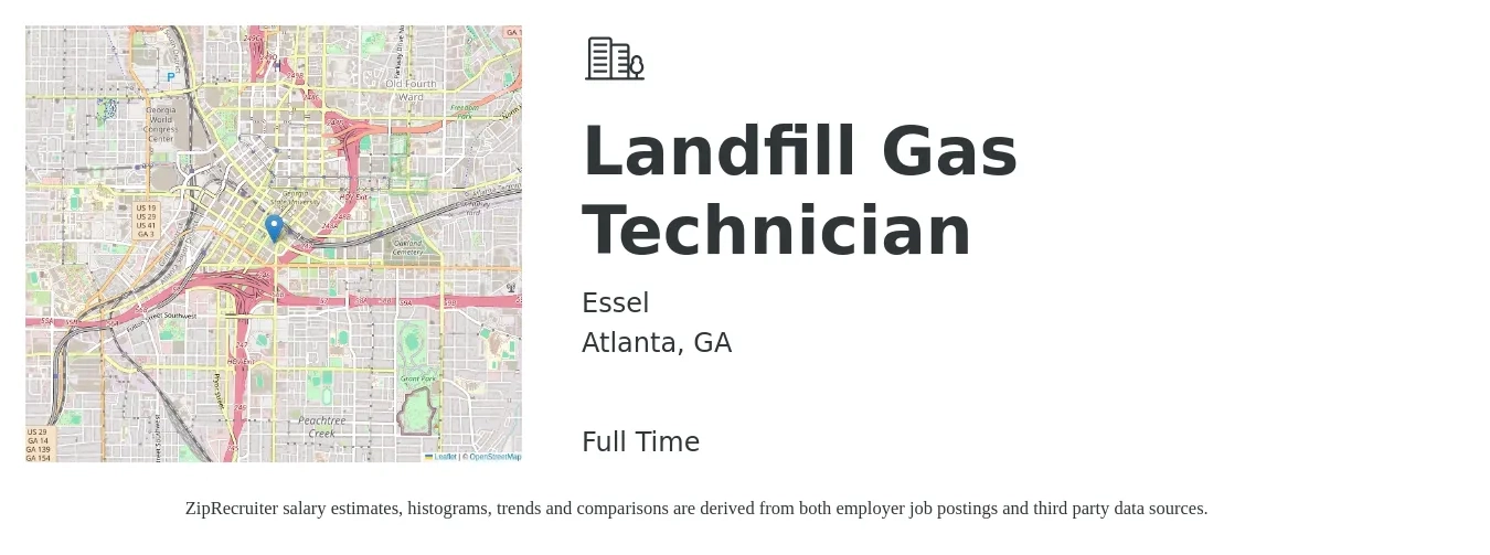 Essel job posting for a Landfill Gas Technician in Atlanta, GA with a salary of $19 to $26 Hourly with a map of Atlanta location.