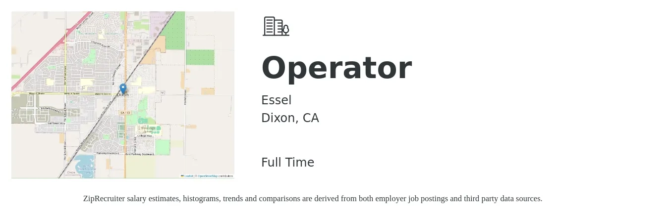 Essel job posting for a Operator in Dixon, CA with a salary of $21 to $29 Hourly with a map of Dixon location.