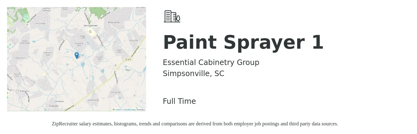 Essential Cabinetry Group job posting for a Paint Sprayer 1 in Simpsonville, SC with a salary of $16 to $21 Hourly with a map of Simpsonville location.