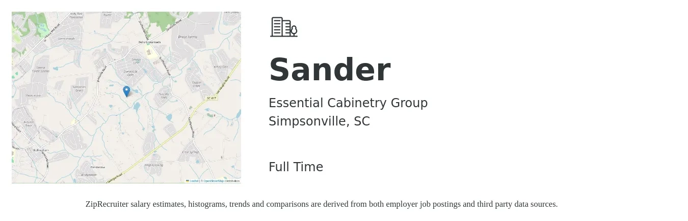 Essential Cabinetry Group job posting for a Sander in Simpsonville, SC with a salary of $17 Hourly with a map of Simpsonville location.