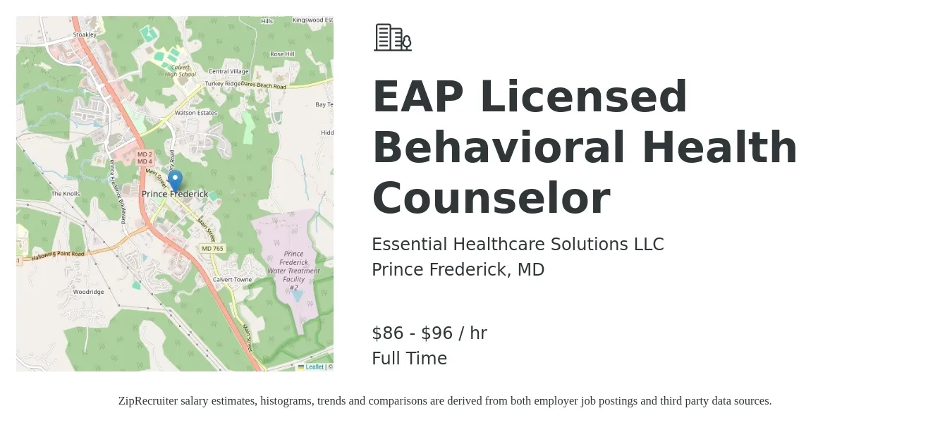 Essential Healthcare Solutions LLC job posting for a EAP Licensed Behavioral Health Counselor in Prince Frederick, MD with a salary of $90 to $100 Hourly with a map of Prince Frederick location.