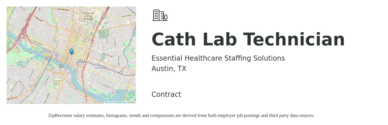 Essential Healthcare Staffing Solutions job posting for a Cath Lab Technician in Austin, TX with a salary of $2,260 to $3,020 Weekly with a map of Austin location.