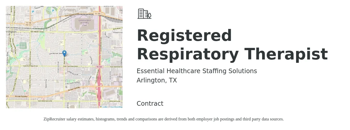 Essential Healthcare Staffing Solutions job posting for a Registered Respiratory Therapist in Arlington, TX with a salary of $1,330 to $2,250 Weekly with a map of Arlington location.