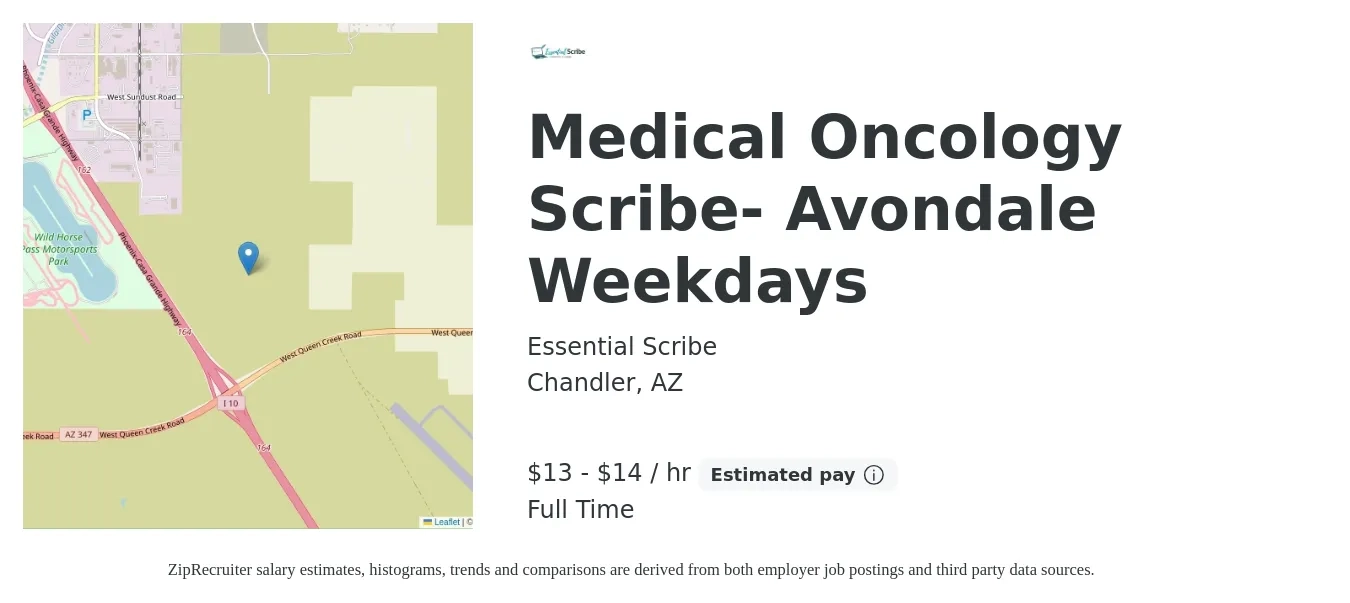 Essential Scribe job posting for a Medical Oncology Scribe- Avondale Weekdays in Chandler, AZ with a salary of $14 to $16 Hourly with a map of Chandler location.
