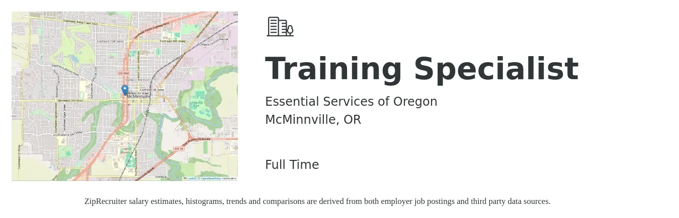 Essential Services of Oregon job posting for a Training Specialist in McMinnville, OR with a salary of $58,200 to $84,700 Yearly with a map of McMinnville location.
