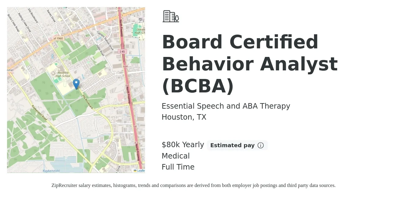 Essential Speech and ABA Therapy job posting for a Board Certified Behavior Analyst (BCBA) in Houston, TX with a salary of $80,000 Yearly (plus commission) and benefits including medical, and pto with a map of Houston location.