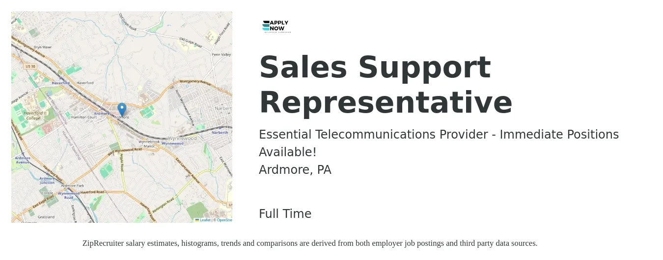 Essential Telecommunications Provider - Immediate Positions Available! job posting for a Sales Support Representative in Ardmore, PA with a salary of $18 to $25 Hourly with a map of Ardmore location.