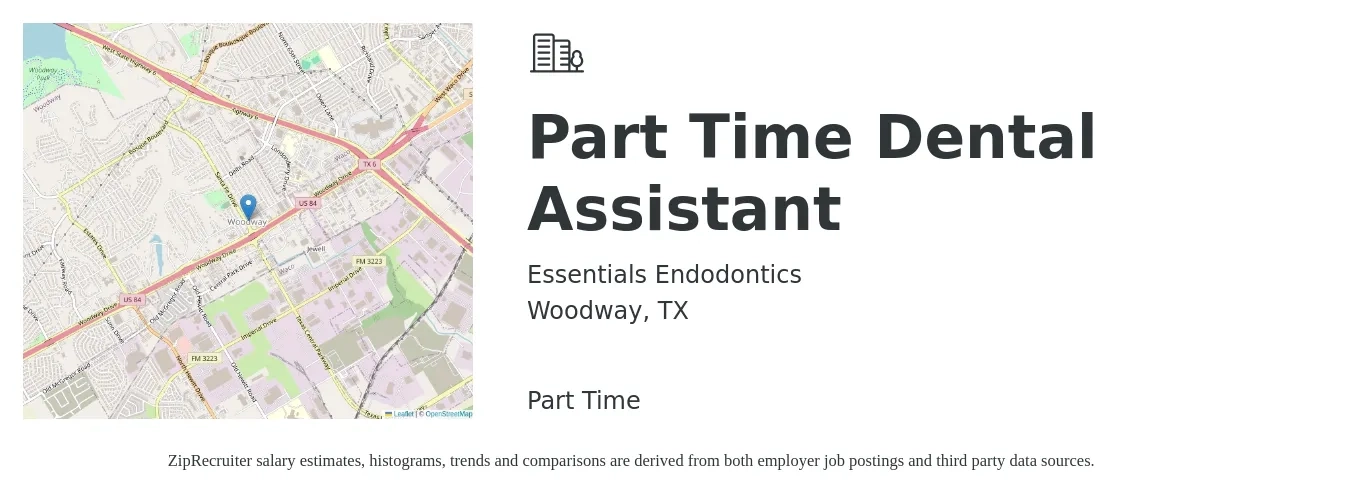 Essentials Endodontics job posting for a Part Time Dental Assistant in Woodway, TX with a salary of $16 to $21 Hourly with a map of Woodway location.