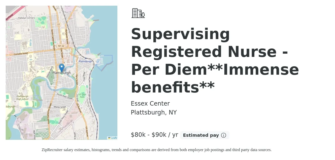 Essex Center job posting for a Supervising Registered Nurse - Per Diem**Immense benefits** in Plattsburgh, NY with a salary of $80,000 to $90,000 Yearly with a map of Plattsburgh location.
