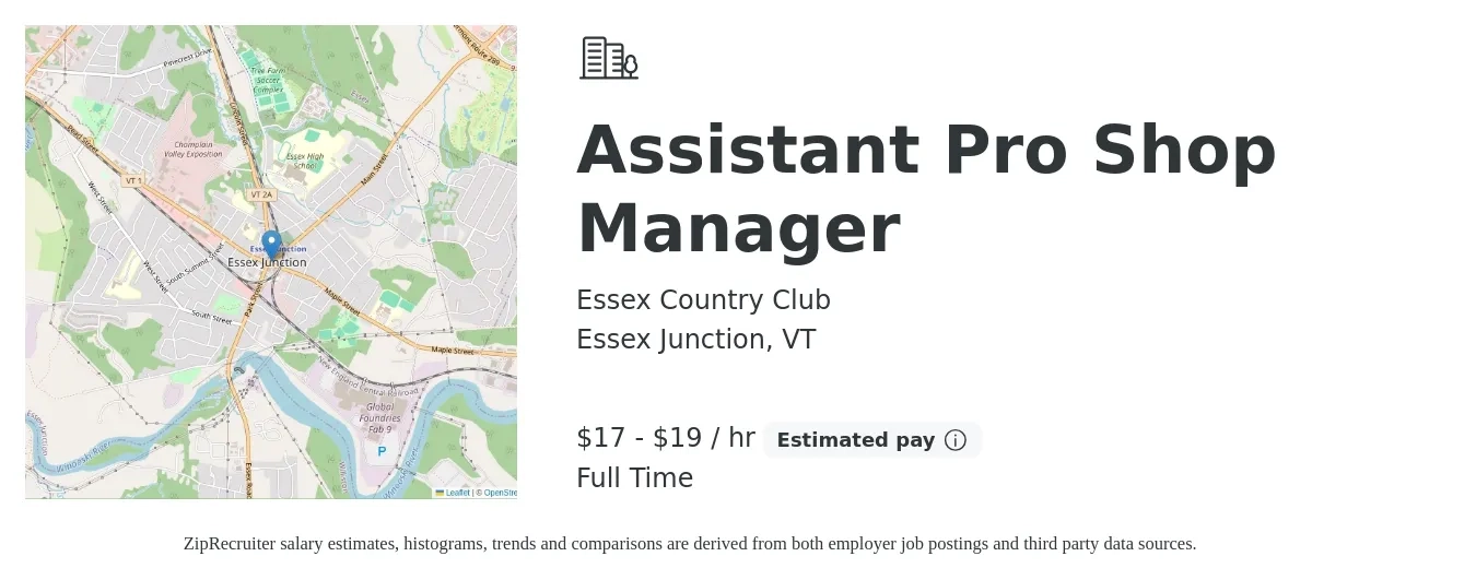 Essex Country Club job posting for a Assistant Pro Shop Manager in Essex Junction, VT with a salary of $18 to $20 Hourly with a map of Essex Junction location.