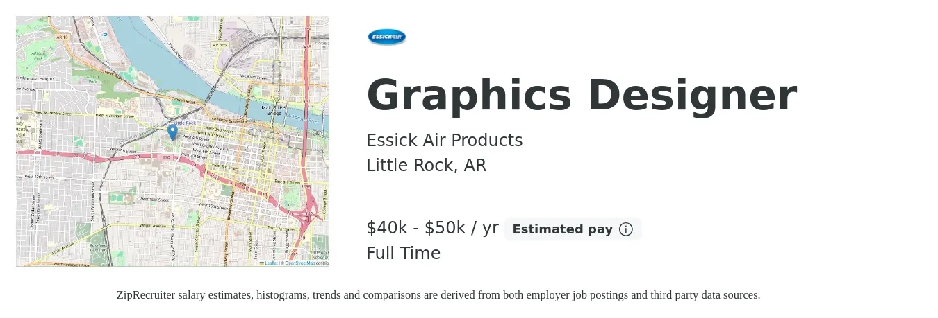 Essick Air Products job posting for a Graphics Designer in Little Rock, AR with a salary of $40,000 to $50,000 Yearly with a map of Little Rock location.