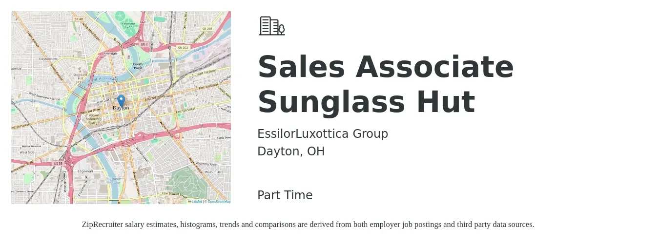 EssilorLuxottica Group job posting for a Sales Associate Sunglass Hut in Dayton, OH with a salary of $14 to $18 Hourly with a map of Dayton location.