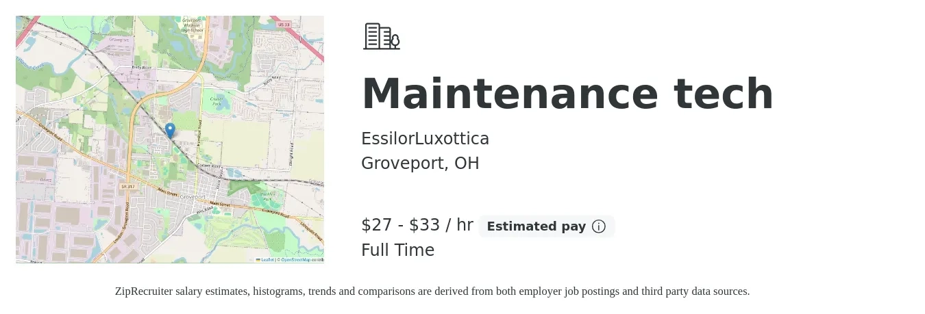 EssilorLuxottica job posting for a Maintenance tech in Groveport, OH with a salary of $29 to $35 Hourly with a map of Groveport location.