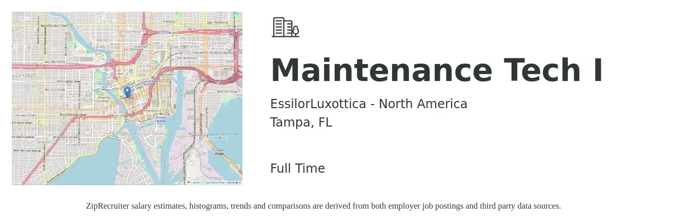 EssilorLuxottica - North America job posting for a Maintenance Tech I in Tampa, FL with a salary of $18 to $25 Hourly with a map of Tampa location.