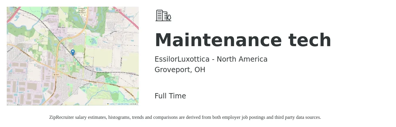 EssilorLuxottica - North America job posting for a Maintenance tech in Groveport, OH with a salary of $19 to $26 Hourly with a map of Groveport location.