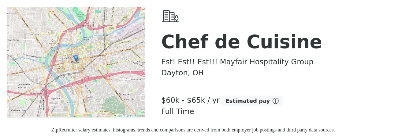 Est! Est!! Est!!! Mayfair Hospitality Group job posting for a Chef de Cuisine in Dayton, OH with a salary of $60,000 to $65,000 Yearly with a map of Dayton location.