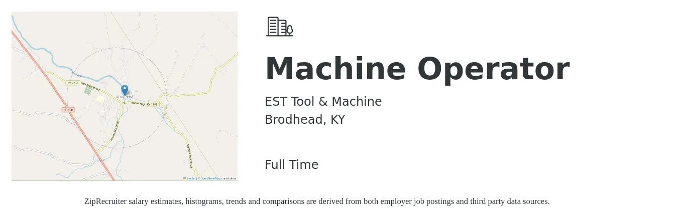 EST Tool & Machine job posting for a Machine Operator in Brodhead, KY with a salary of $18 to $22 Hourly with a map of Brodhead location.