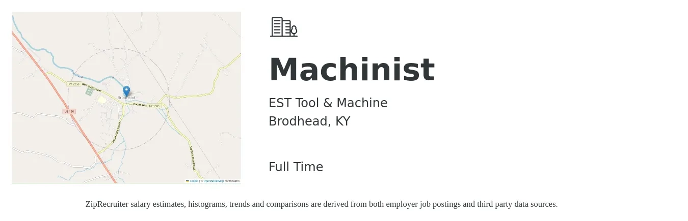 EST Tool & Machine job posting for a Machinist in Brodhead, KY with a salary of $20 to $25 Hourly with a map of Brodhead location.