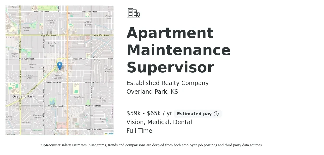 Established Realty Company job posting for a Apartment Maintenance Supervisor in Overland Park, KS with a salary of $59,000 to $65,000 Yearly and benefits including medical, retirement, vision, dental, and life_insurance with a map of Overland Park location.