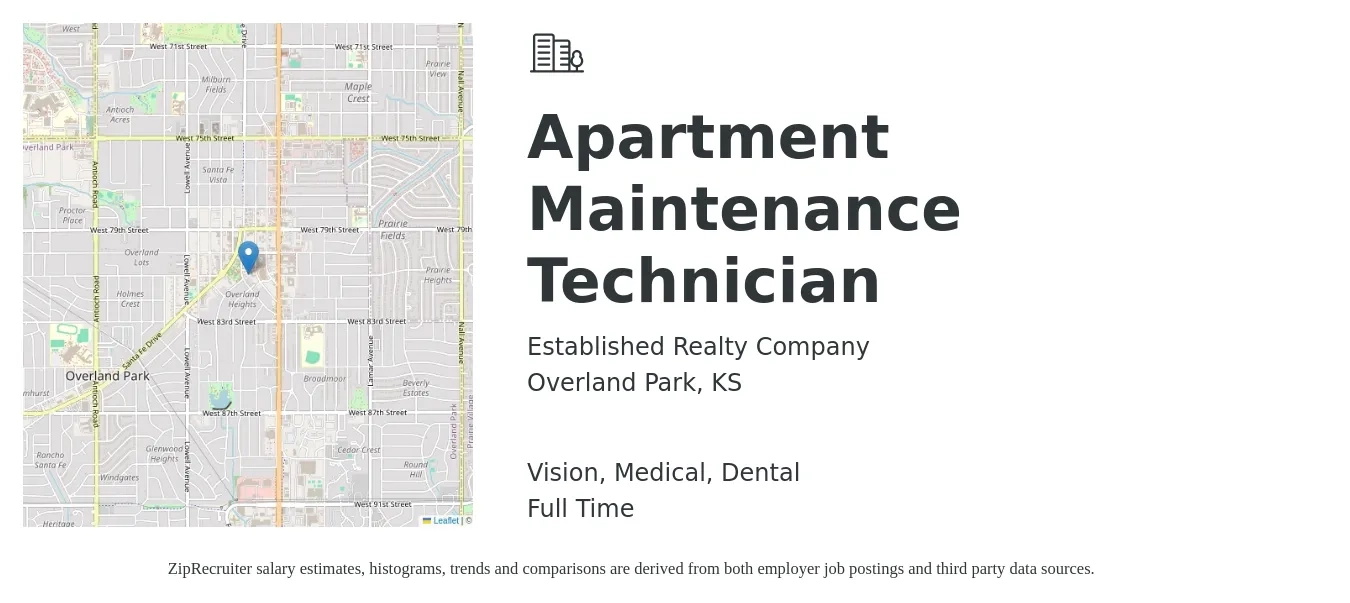 Established Realty Company job posting for a Apartment Maintenance Technician in Overland Park, KS with a salary of $18 to $22 Hourly and benefits including dental, life_insurance, medical, retirement, and vision with a map of Overland Park location.