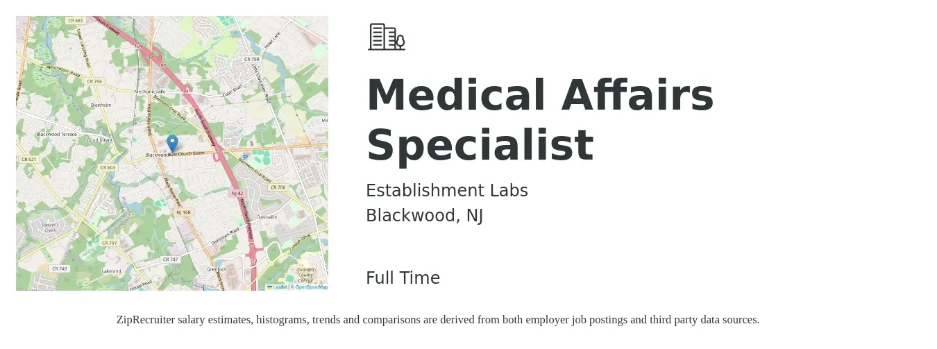 Establishment Labs job posting for a Medical Affairs Specialist in Blackwood, NJ with a salary of $74,100 to $111,300 Yearly with a map of Blackwood location.