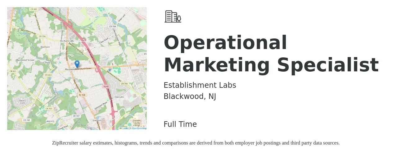 Establishment Labs job posting for a Operational Marketing Specialist in Blackwood, NJ with a salary of $47,200 to $69,600 Yearly with a map of Blackwood location.