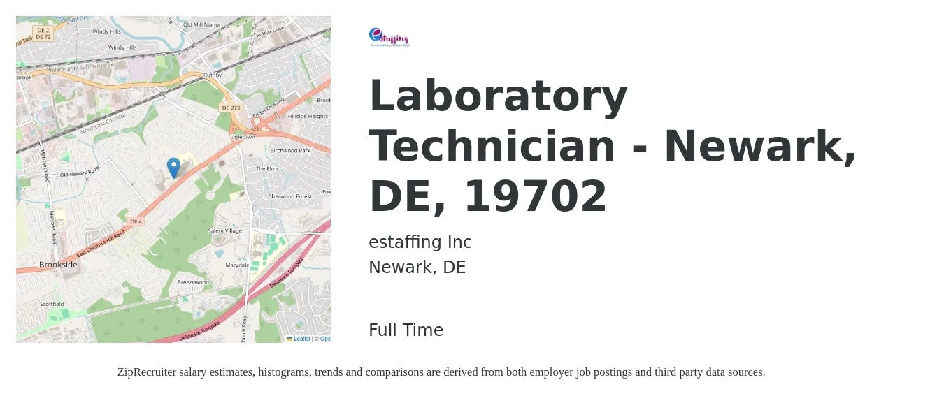 estaffing Inc job posting for a Laboratory Technician - Newark, DE, 19702 in Newark, DE with a salary of $18 to $25 Hourly with a map of Newark location.